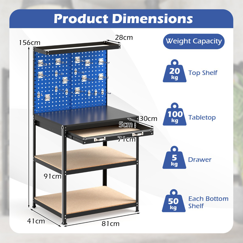 Costway Navy Workbench with Pegboard and Shelves 81 x 41cm Image 8