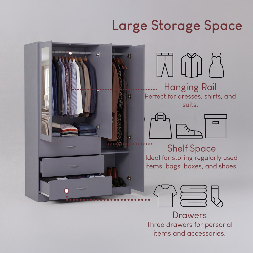VIDA DESIGNS Riano 3 Door 3 Drawer Grey Mirrored Wardrobe Image 6