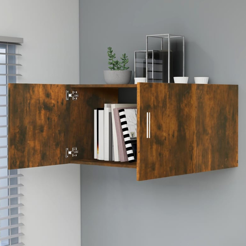 vidaXL 2 Door Smoked Oak Wall Mounted Cabinet with Silver Handle Image 1