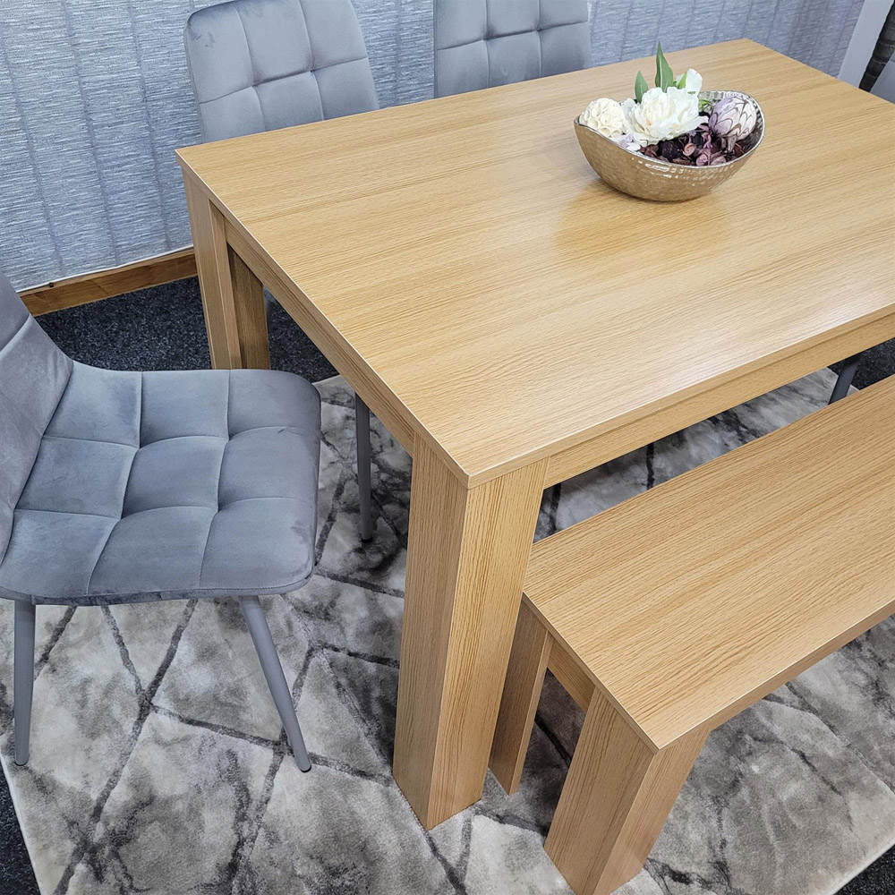 Portland 6 Seater Velvet Dining Bench Set Oak Effect and Grey Image 3
