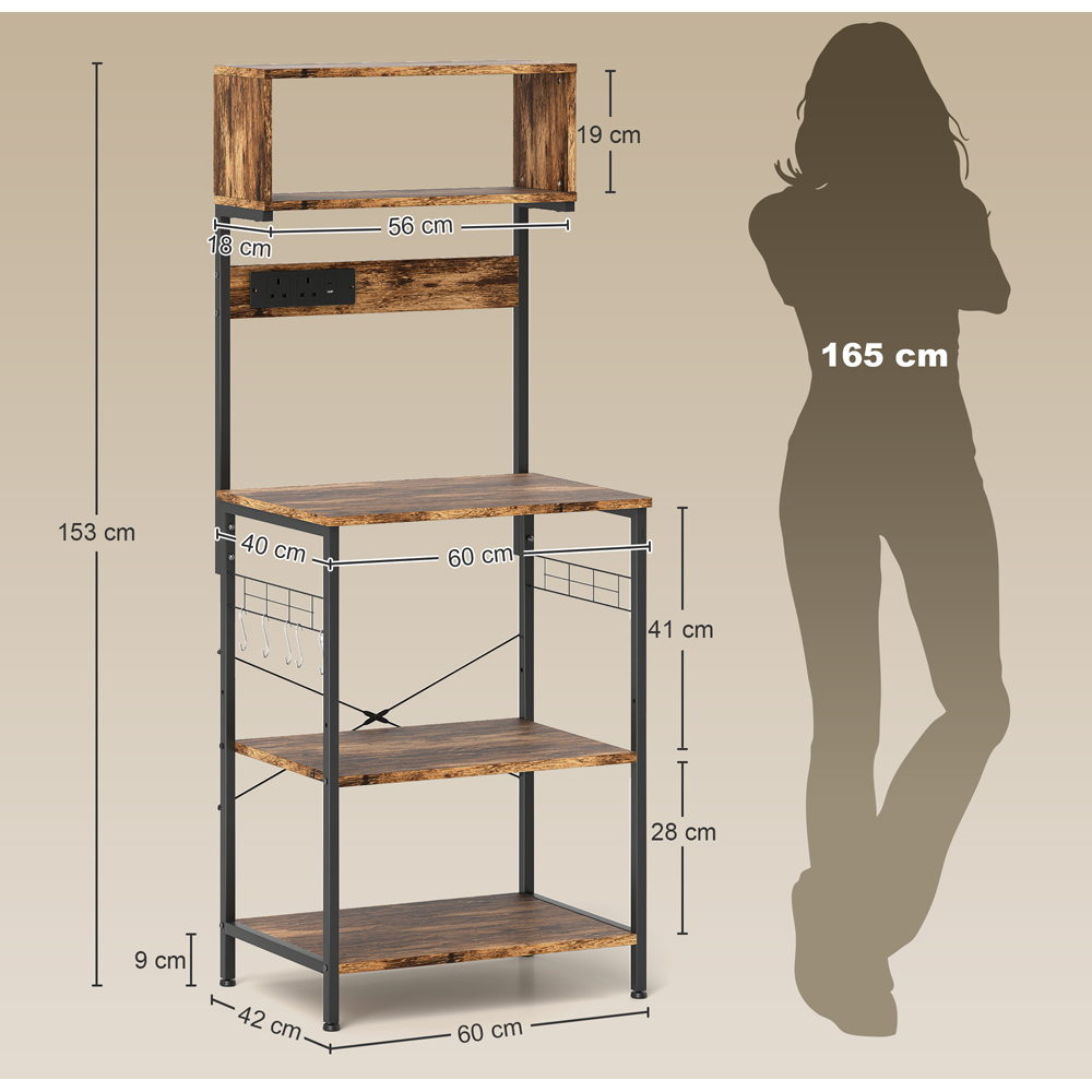 Portland 4 Shelf Brown Bakers Rack with Power Outlet Image 9