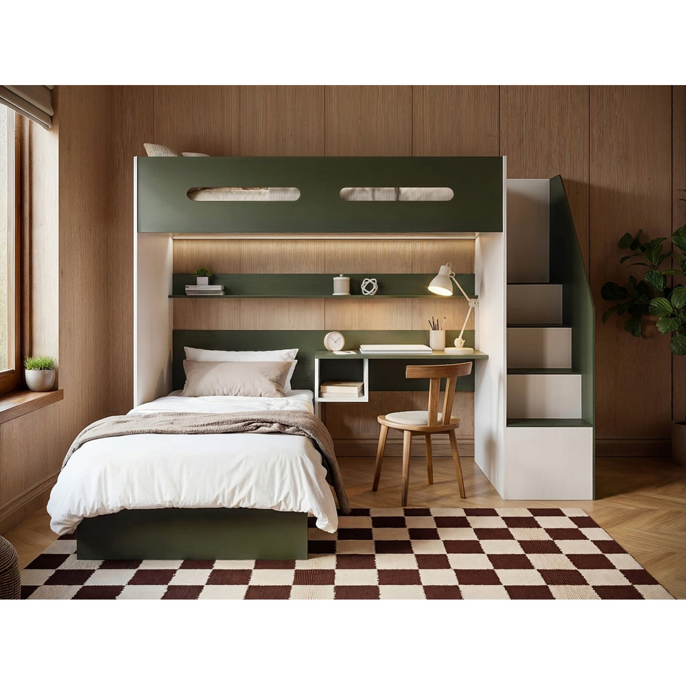 Flair Alpha Beige and Green LED Bunk Bed with Desk Image 5