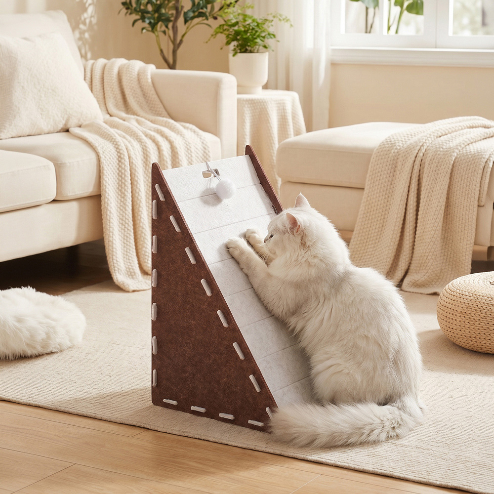 H&O Direct Brown 2 Tone Felt Triangle Cat Scratcher House with Hanging Fluffy Ball Image 5