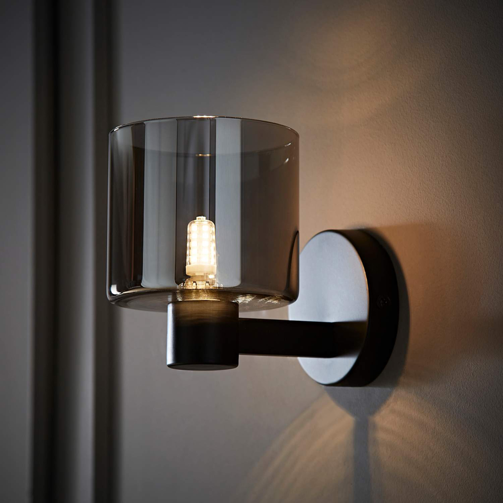 ValueLights Demi Smoked Glass Shade Matte Black Wall Light with Bulb 2 Pack Image 2