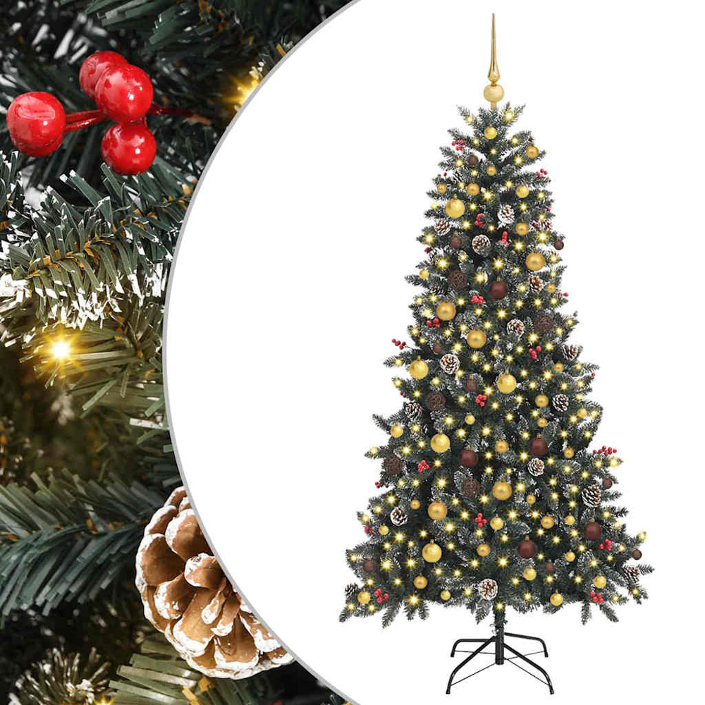 vidaXL Pre-Lit Gold Bronze Baubles and Pinecones Green Artificial Snow Tipped Christmas Tree 7ft Image 2