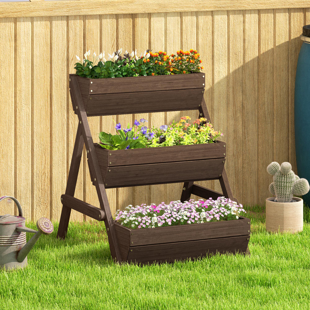 Outsunny 3 Tier Tan Wooden Raised Garden Bed Plant Stand Image 2