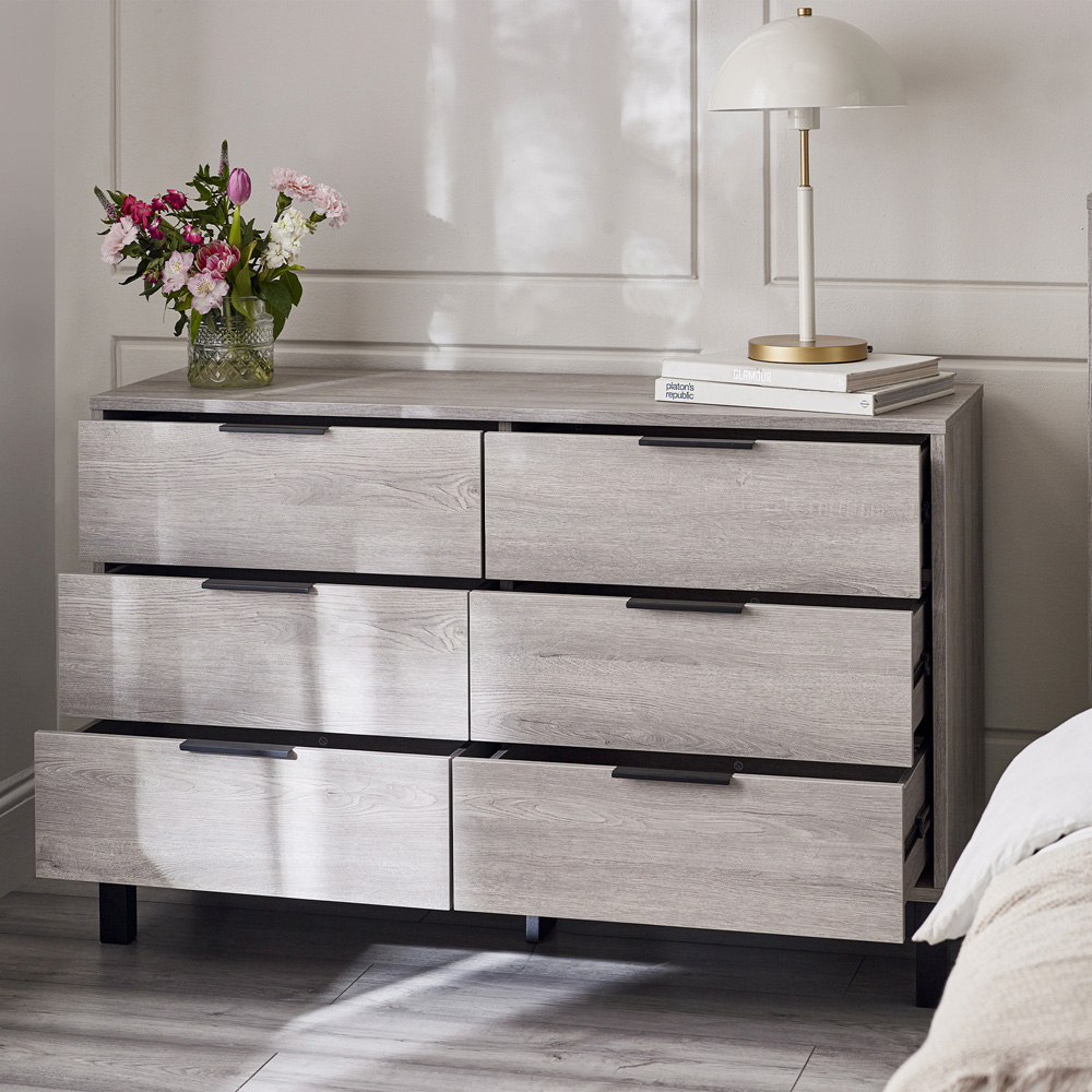 Julian Bowen Bali 6 Drawer Grey Oak Wide Chest of Drawers Image 9