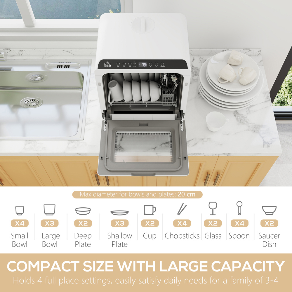 HOMCOM White Compact Countertop Dishwasher with Dual Water Supply Image 4
