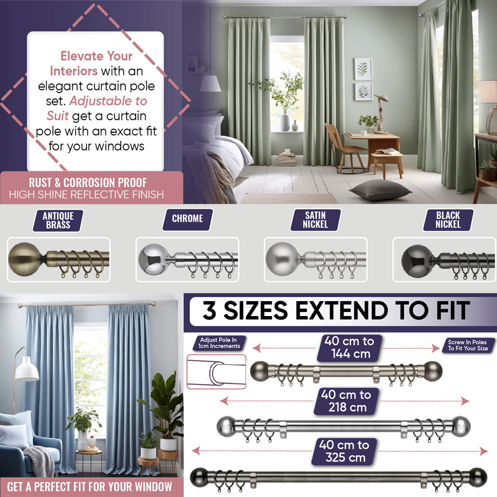 Home Treats 40 to 325cm Extendable Satin Nickel Metal Round Curtain Pole Image 8