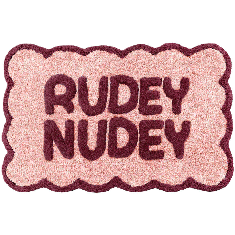 Allure Bath Fashions Burgundy and Pink Rudey Nudey Slogan Scalloped Non-Slip Bath Mat 50 x 80cm Image 1