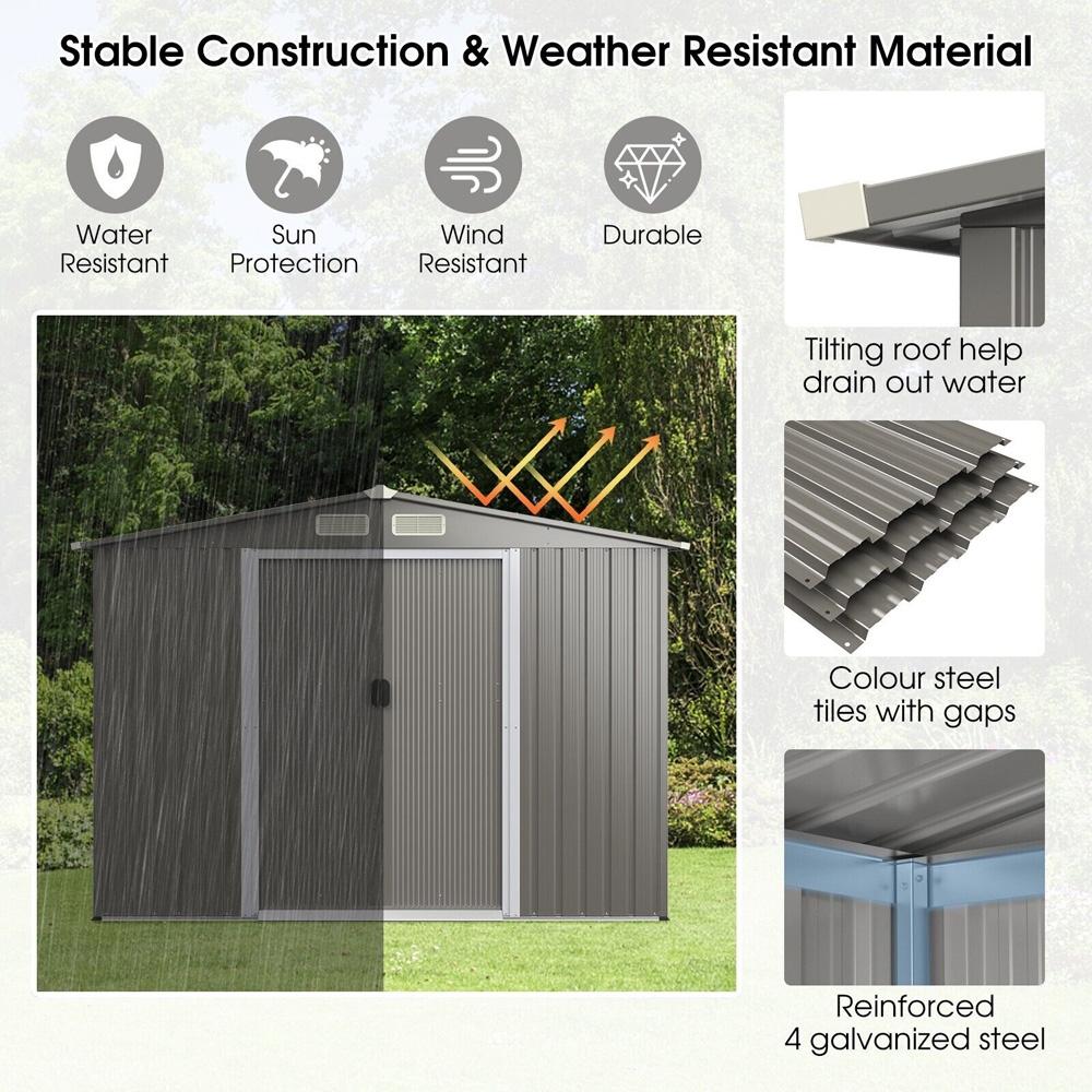 Costway Light Grey Outdoor Storage Shed with Foundation 8 x 5ft Image 6