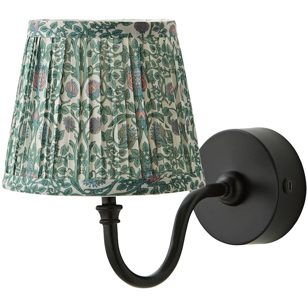 ValueLights Lowe Green Floral Pleated Shade Black Rechargeable Wall Light with Bulb Image 1