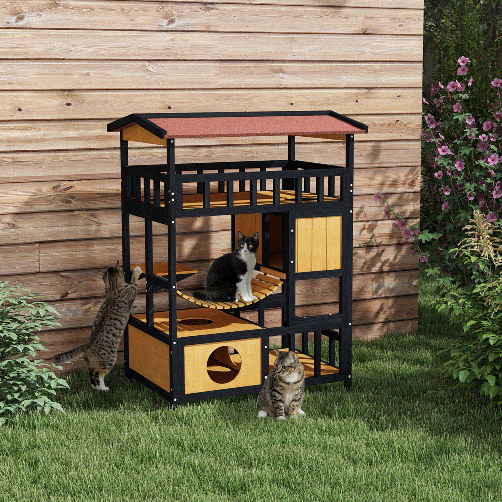 PawHut Outdoor Cat House with Suspension Bridge and Balcony Image 4