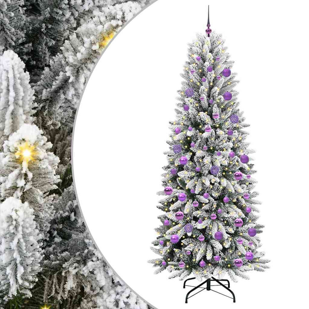 vidaXL Pre-Lit Lilac Baubles Artificial Snow Flocked Christmas Tree 7ft Image 2