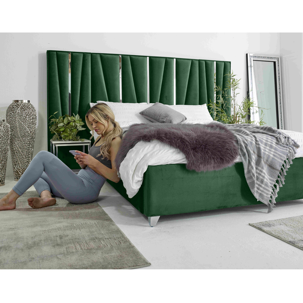 Eleganza Mila King Size Green Plush Velvet Bed Frame with Lined Headboard Image 6