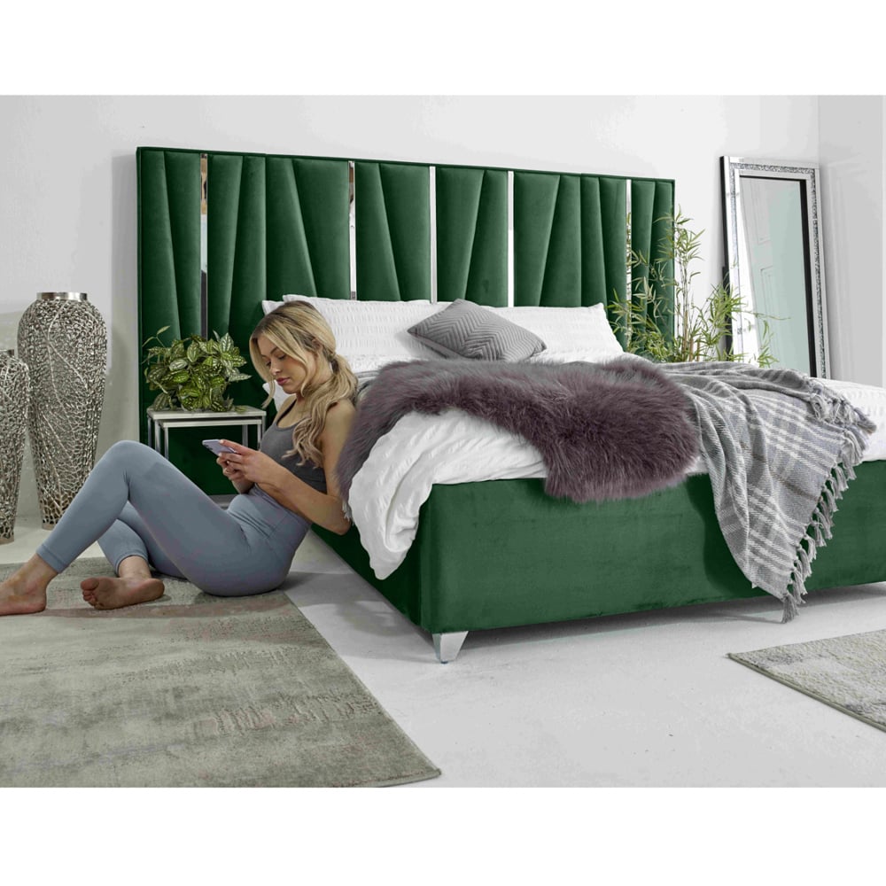 Eleganza Mila Small Double Green Plush Velvet Bed Frame with Lined Headboard Image 6