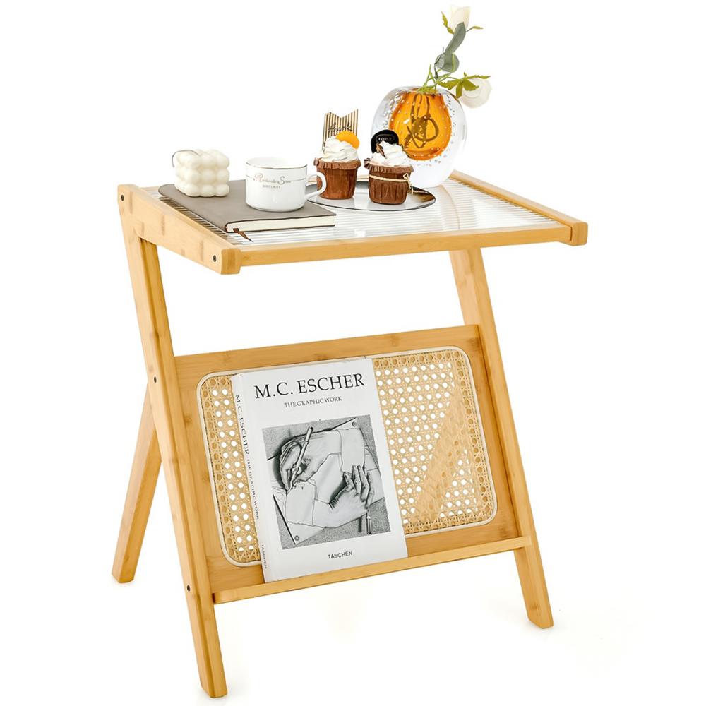 Costway Single Shelf Natural Bamboo Accent Bedside Table with Tempered Glass Top Image 3