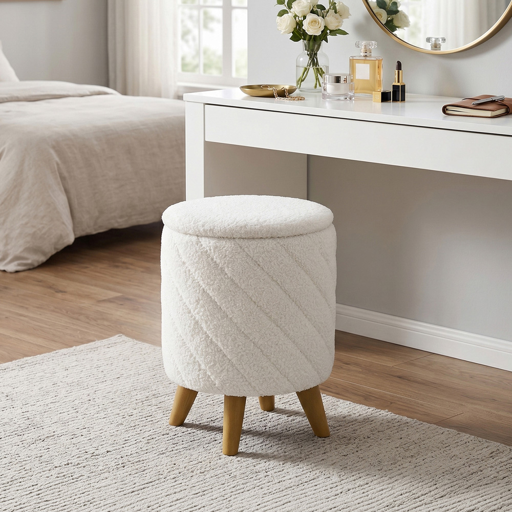 Living and Home White Teddy Fleece Round Storage Ottoman with Wood Legs Image 8