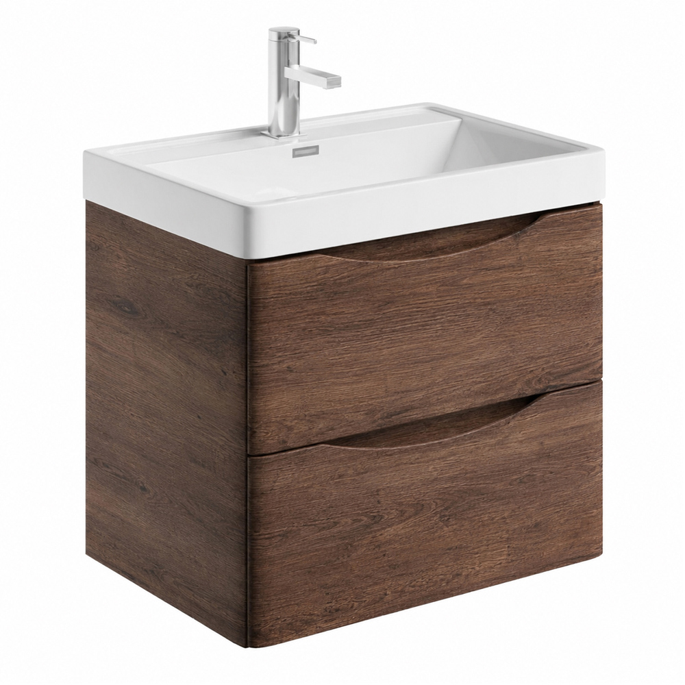 Go Bathrooms 2 Drawer Oak Wall Hung Vanity Unit with Ceramic Basin 600mm Image 2