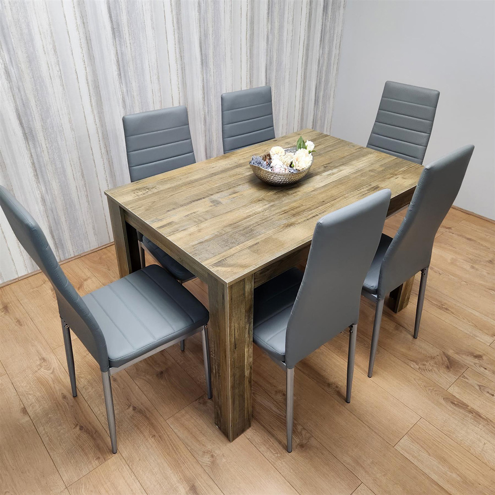 Portland 6 Seater Dining Set Rustic Effect and Grey Leather Image 7