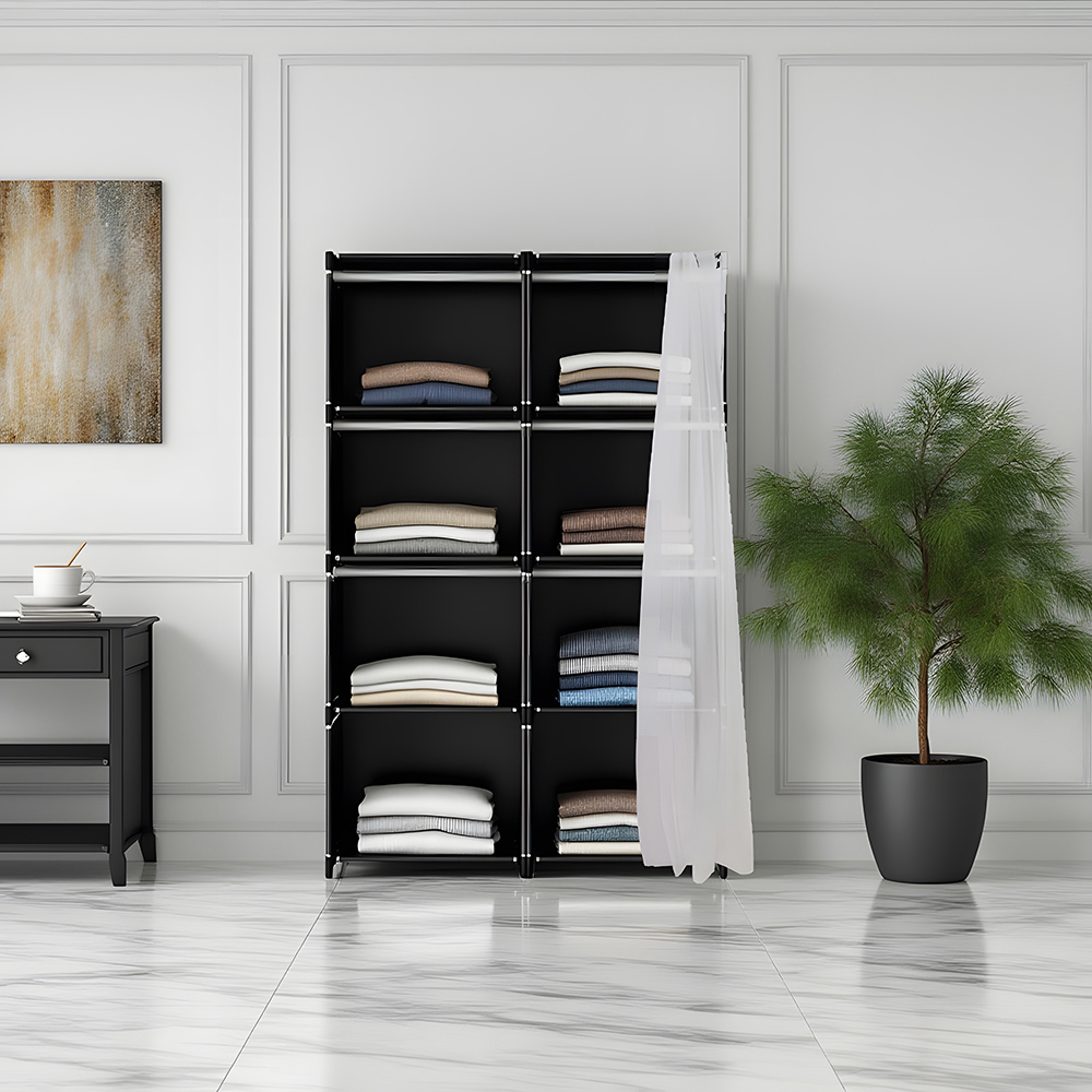 Living and Home 4-Tier Black Freestanding Portable Wardrobe with Double-Row Storage and Curtain Image 7