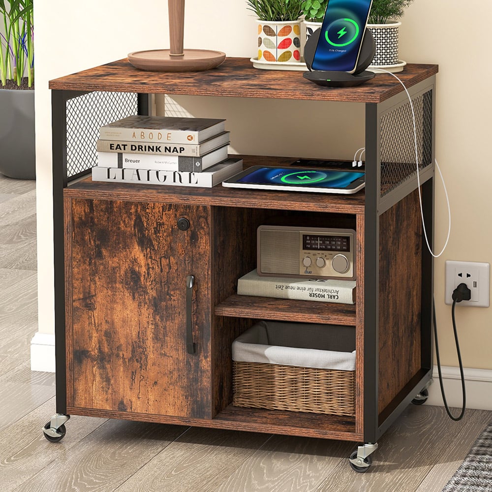 Costway Single Drawer 3 Shelf Coffee File Cabinet with Charging Station Image 1