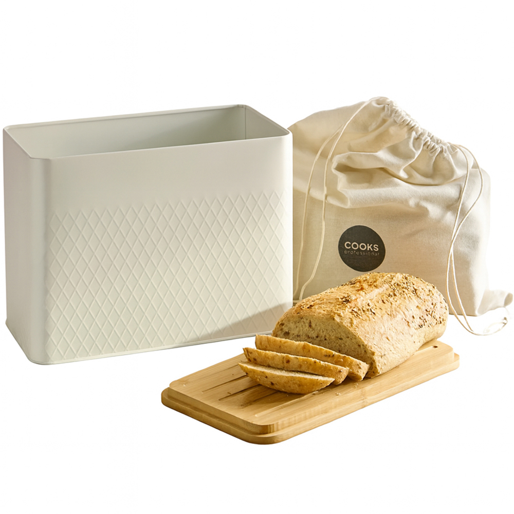 Cooks Professional White Diamond Pattern Bread Bin with Linen Bag and Bamboo Lid Image 1
