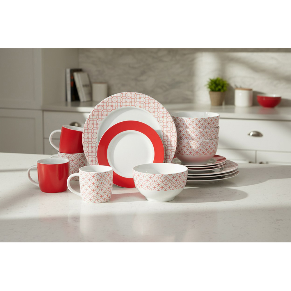Waterside Geo Red and White 16 Piece Dinner Set Image 3