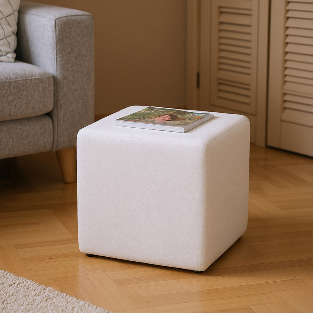 Living and Home White Teddy Fleece Upholstered Cube Footstool Image 8