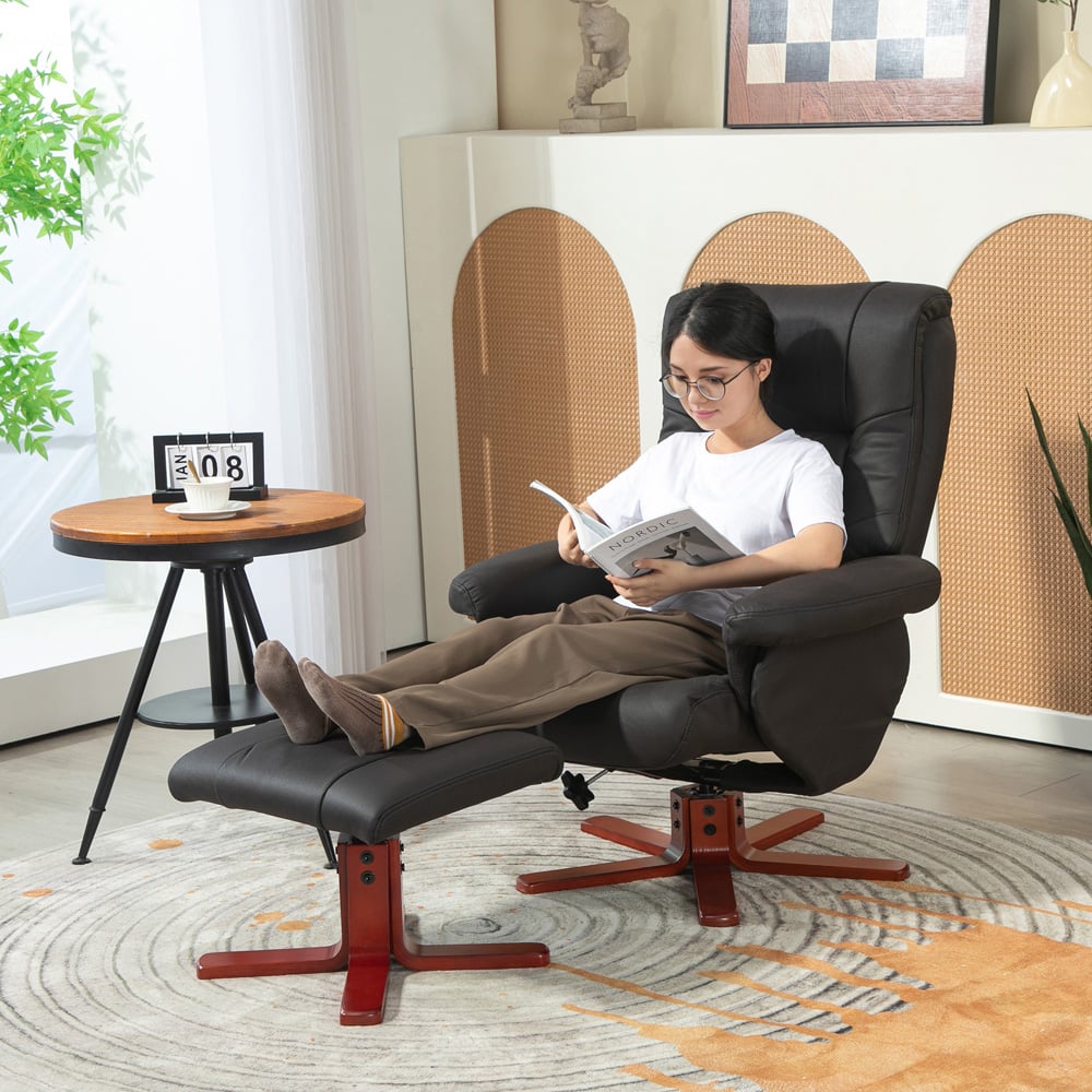 HOMCOM Black Leather Upholstered Recliner Chair with Footstool Image 4