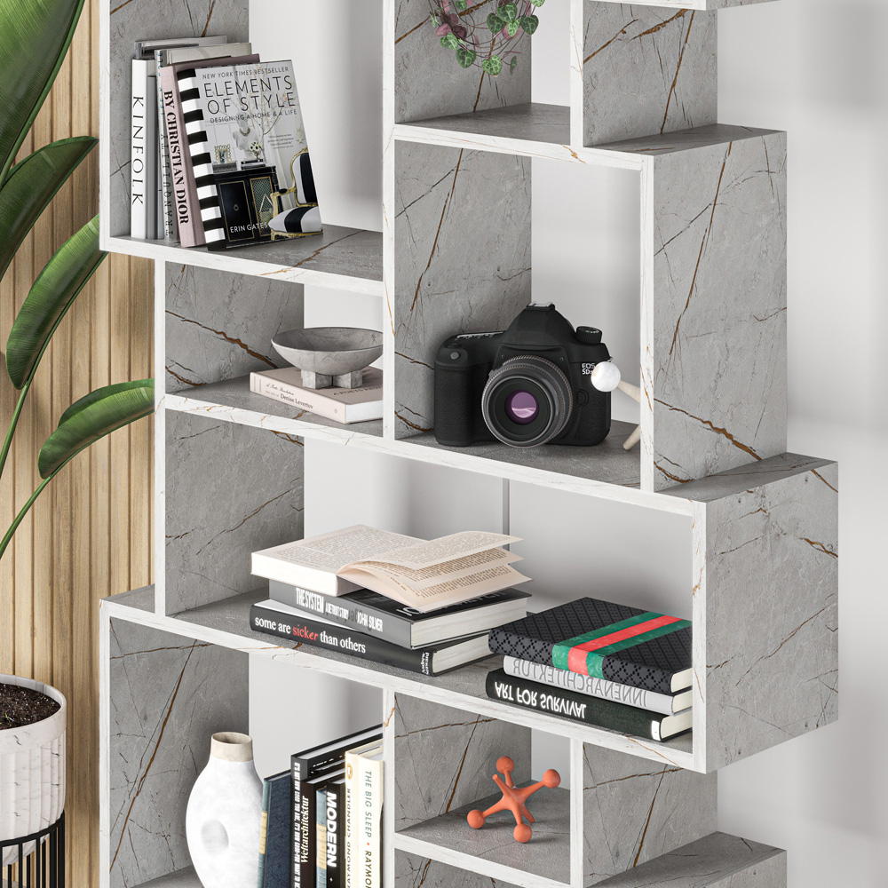 Decortie Karmato 10 Shelf Gold Marble Effect Asymmetric Tall Freestanding Bookcase Image 3