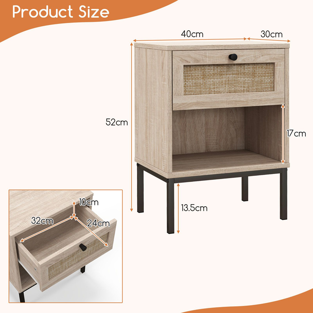 Costway Single Drawer Single Shelf Oak Bedside Table Set of 2 Image 6