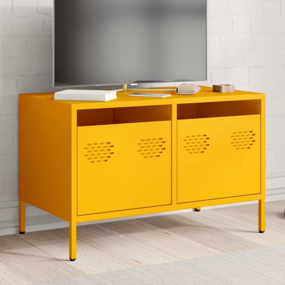 vidaXL 2 Drawer Yellow Steel TV Cabinet Image 1