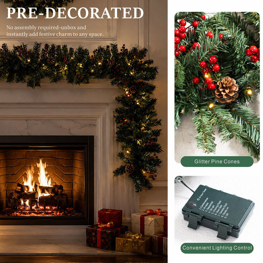 Abrihome 50 Warm White LED Artificial Christmas Garland with Tips Pinecones and Red Berries 270cm Image 5