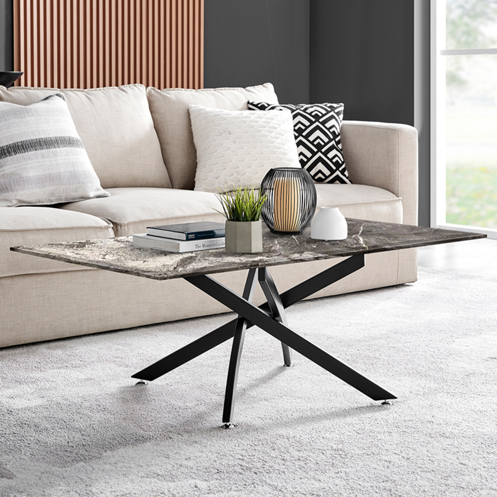 Furniturebox Tavalo Marble Effect Glass Coffee Table with Black Legs Image 1