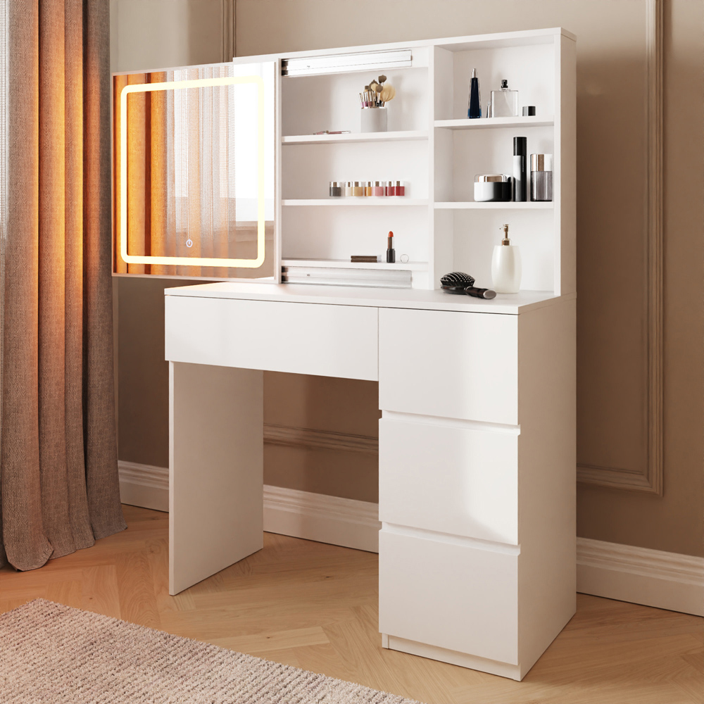 GFW Maeve 4 Drawer 3 Shelf White Dressing Table with Sliding LED Mirror Image 8