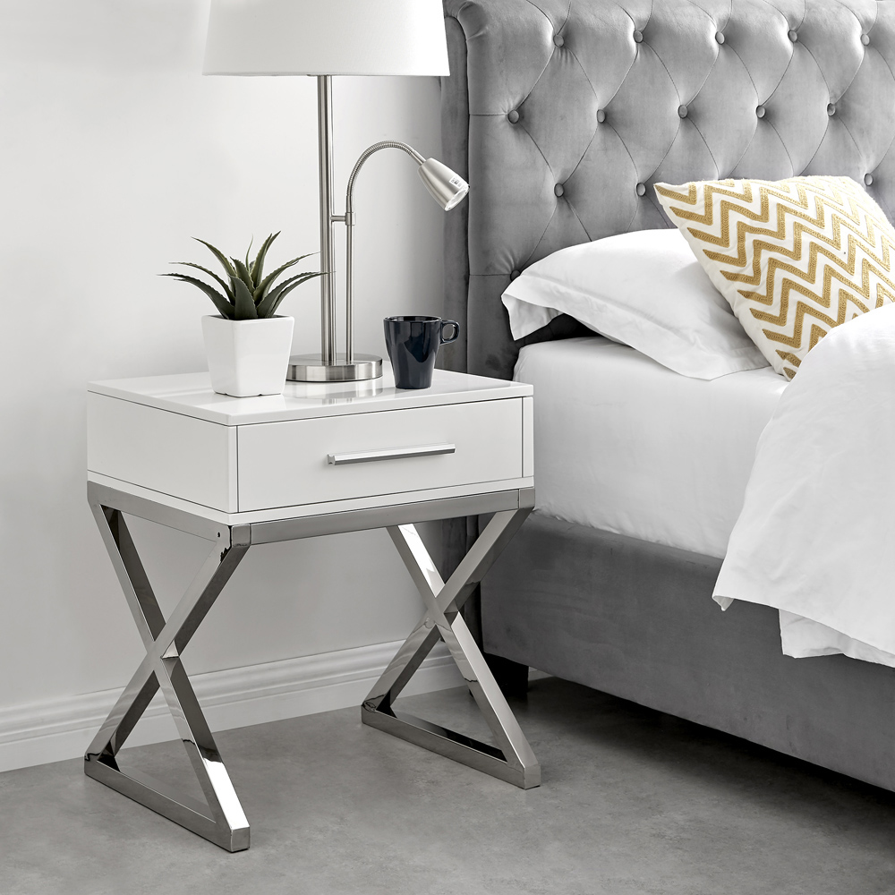 Furniturebox Witney Single Drawer White and Chrome Bedside Table Image 6