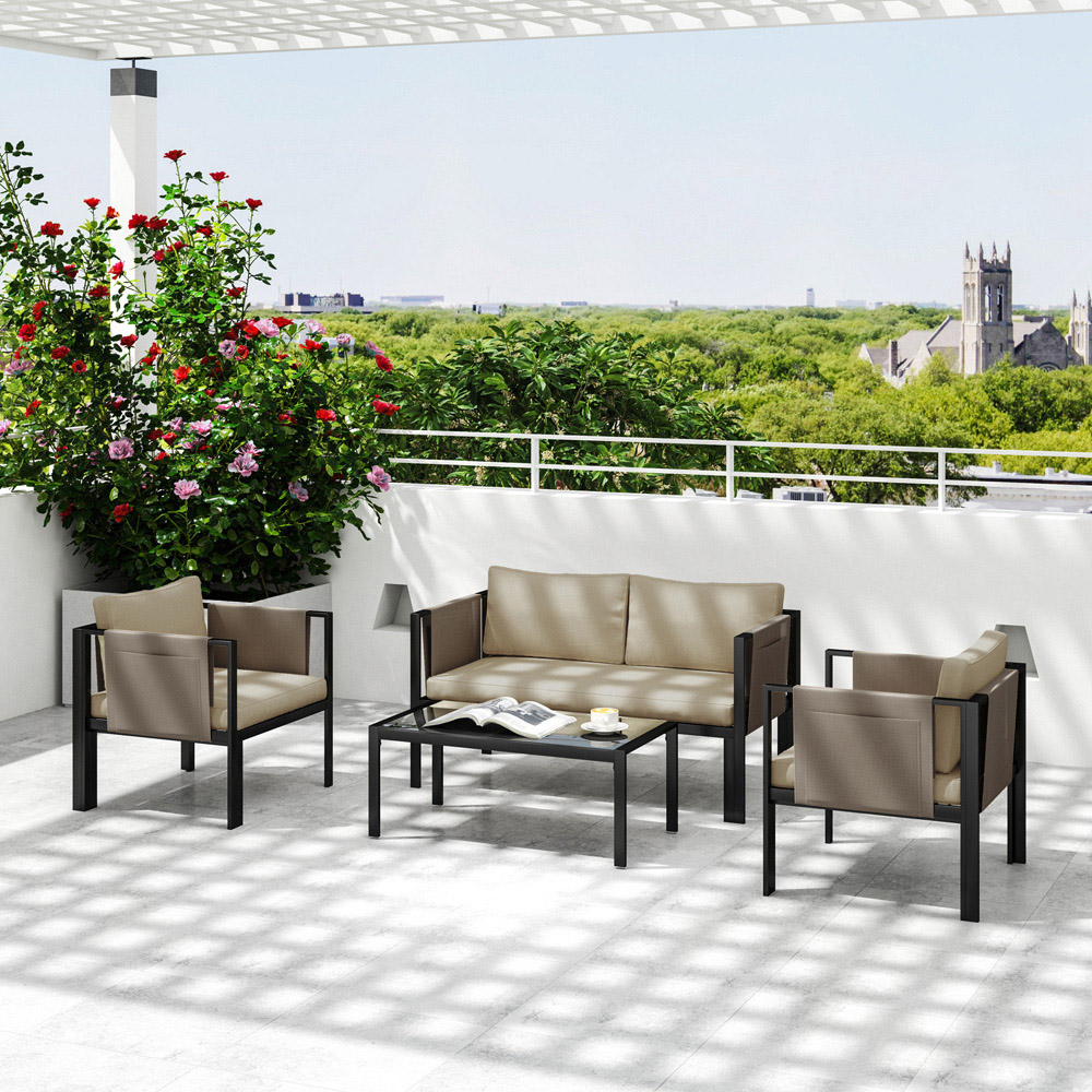 Outsunny 4 Seater Khaki Garden Sofa Set with Tempered Glass Coffee Table Image 4
