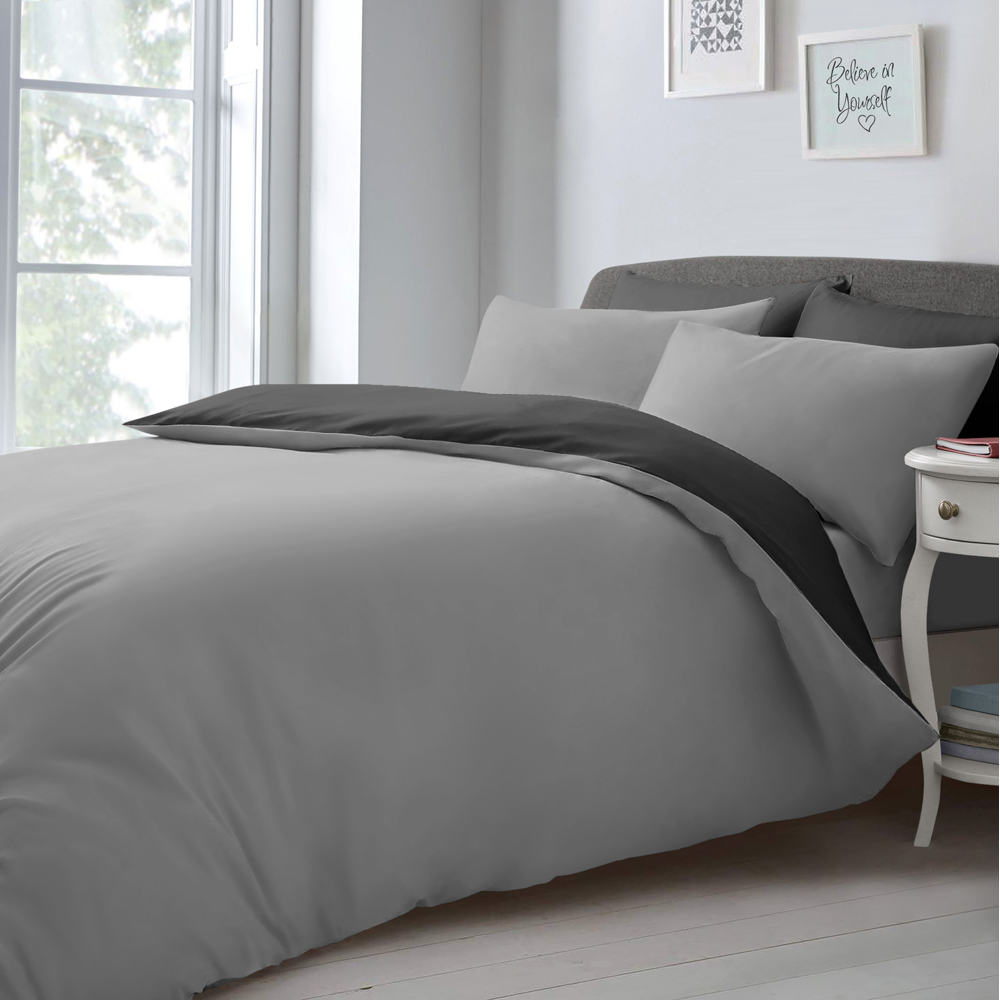 Velosso Double Black and Silver Microfibre Reversible Duvet Cover Set Image 1