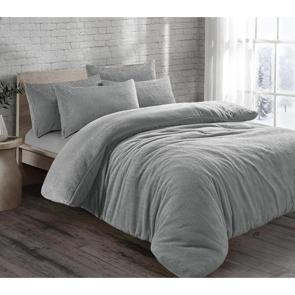 Velosso Single Sterling Grey Teddy Fleece Duvet Cover Set Image 2
