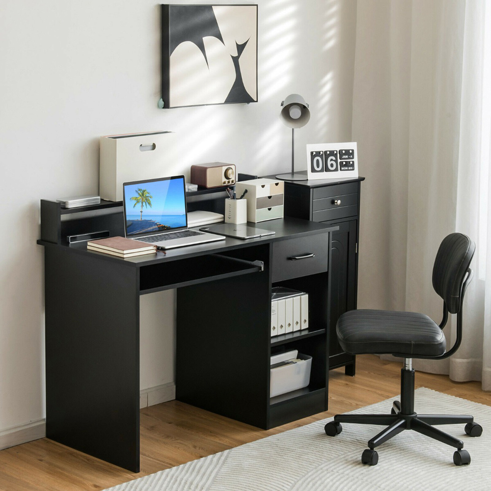 Costway Single Drawer 3 Shelf Computer Desk with Keyboard Tray Black Image 4