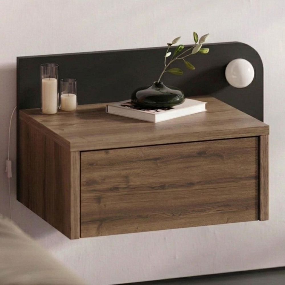 Decortie Dotta Single Drawer Dark Oak Effect Wall Mounted Bedside Table with Night Light Image 1