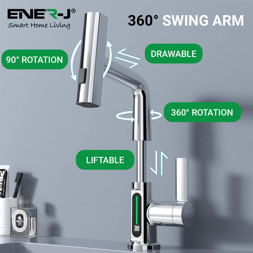 Ener-J Single Hole Chrome Pull Out Waterfall Kitchen Tap with LED Display Image 7