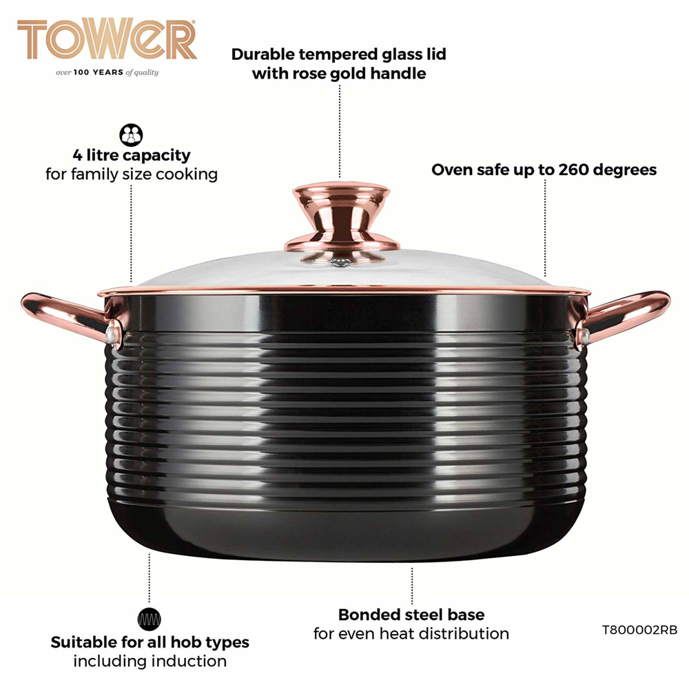 Tower Linear 24cm Black and Rose Gold Aluminium Non-Stick Casserole Dish with Lid Image 5