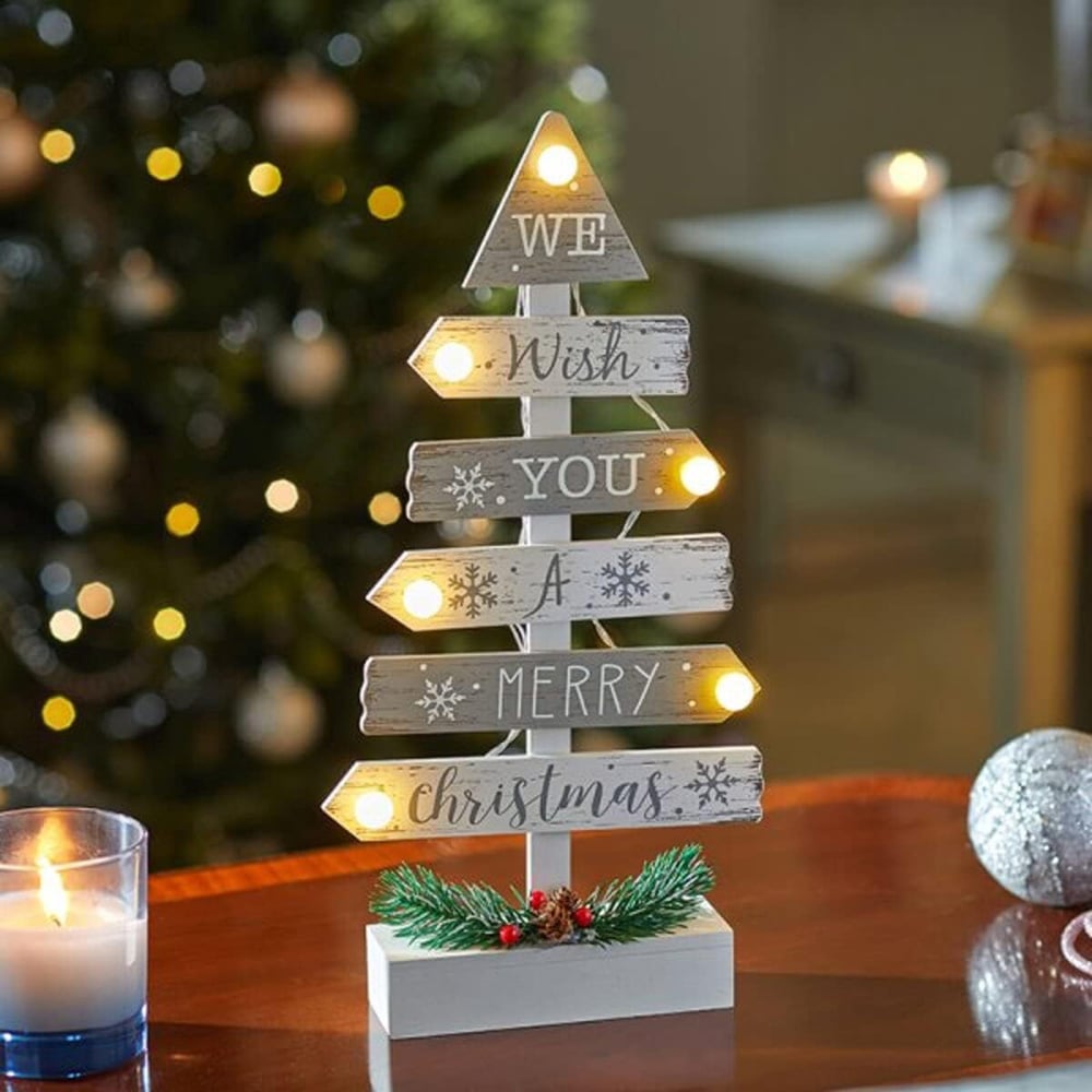 Marco Paul Silver and White LED Wooden Tree Christmas Sign Image 2