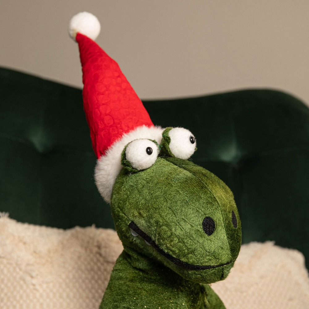 Samuel Alexander Green Sitting Christmas Dinosaur with Santa Hat Image 3