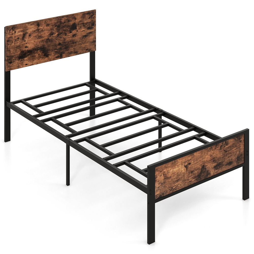 Costway Single Brown Metal Platform Bed with Headboard and Footboard Image 2