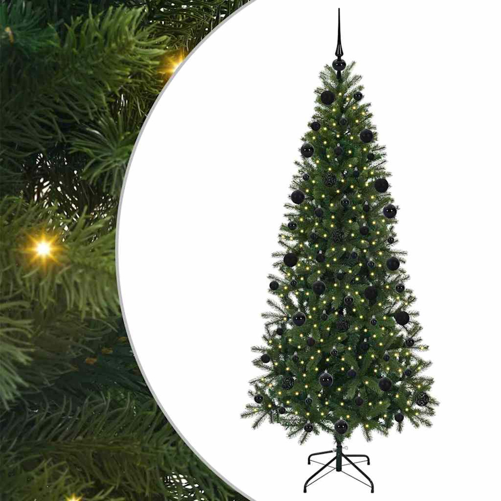 vidaXL Pre-Lit Black Baubles Green Artificial Christmas Tree 7ft Image 2