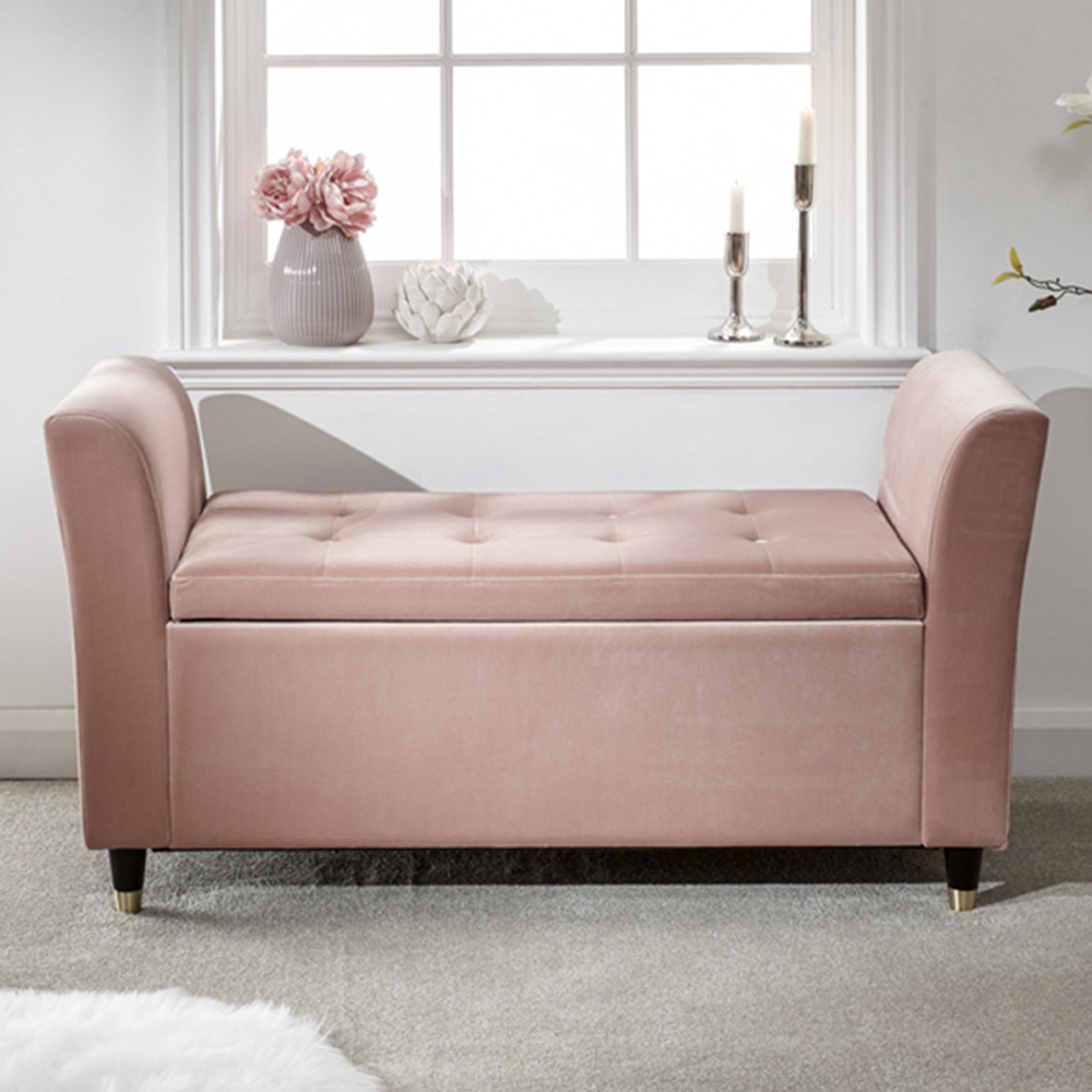 GFW Genoa Blush Pink Upholstered Window Seat With Storage Image 1