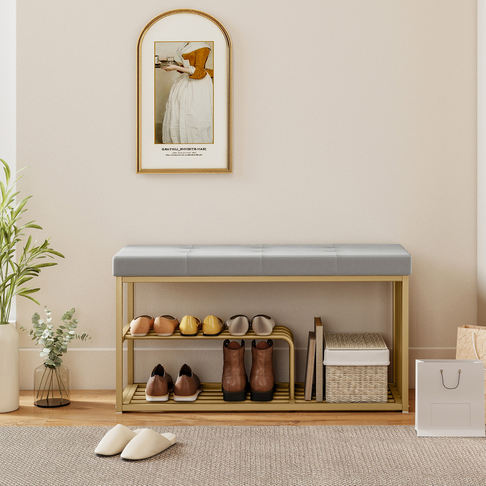 Portland 3 Shelf Grey Shoe Rack Bench with Tufted Cushion Seat Image 3